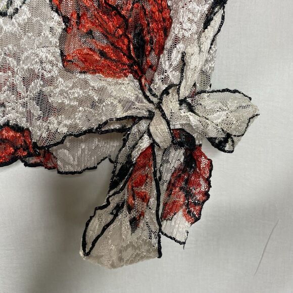 Floral Lace Wrap Blouse Sheer Stretch Side Tie V-Neck Womens S Off White Red - Picture 2 of 8